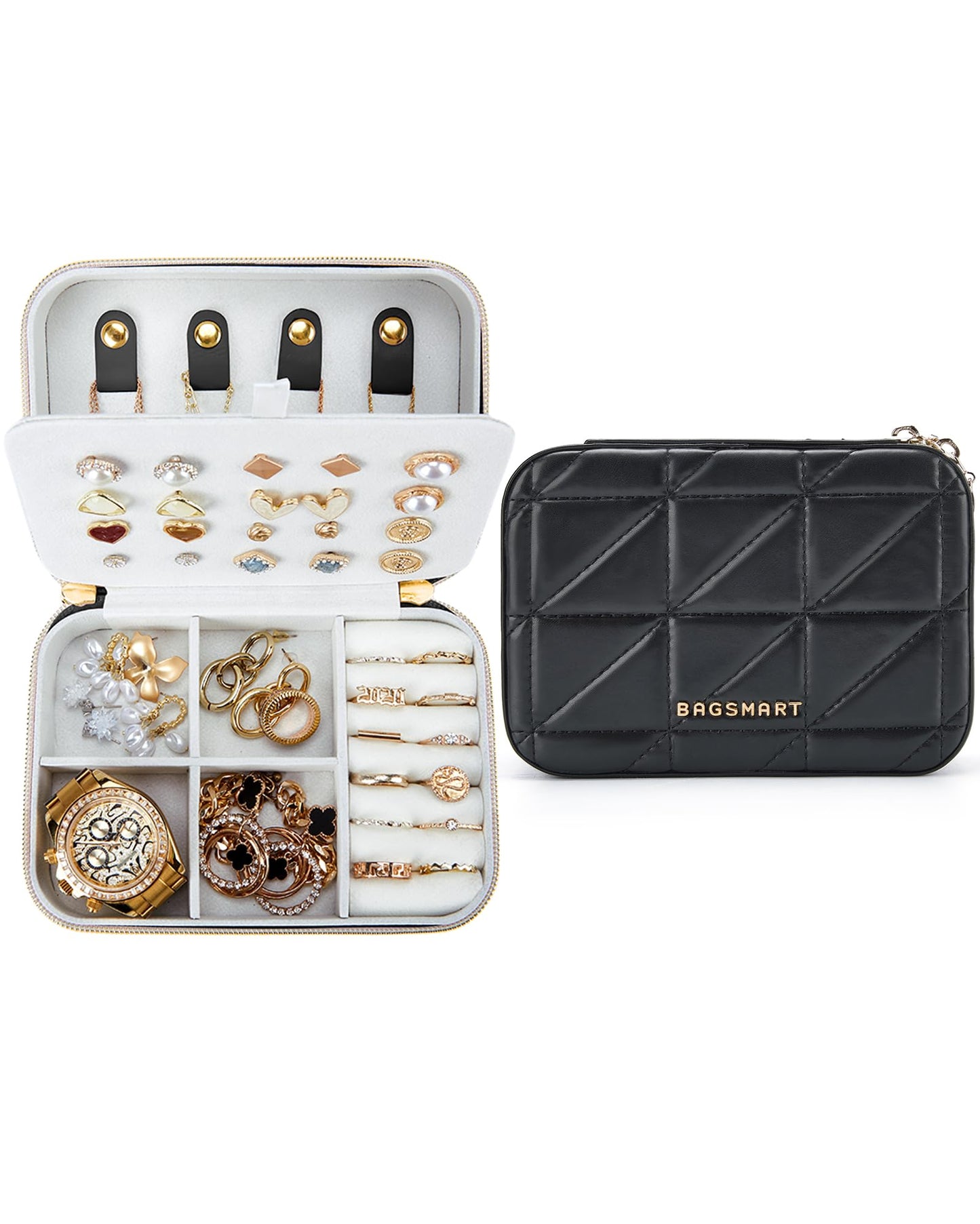 BAGSMART Mini Travel Jewelry Organizer – Portable PU Leather Double Layer Jewelry Case