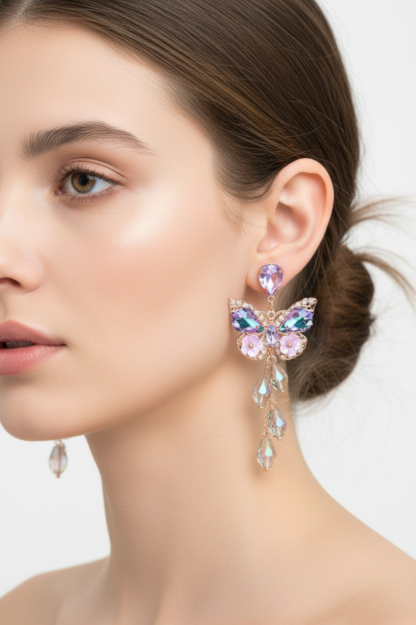 Purple Crystal Butterfly Drop Earrings