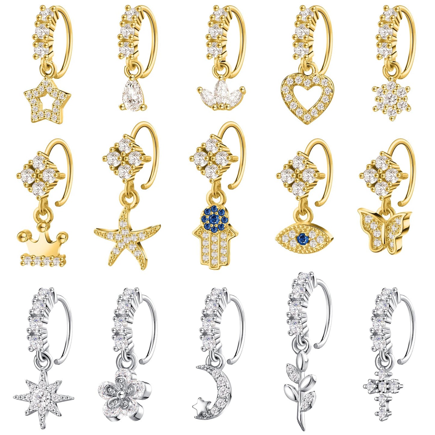 15-Piece Dangle Nose Ring Hoop Set
