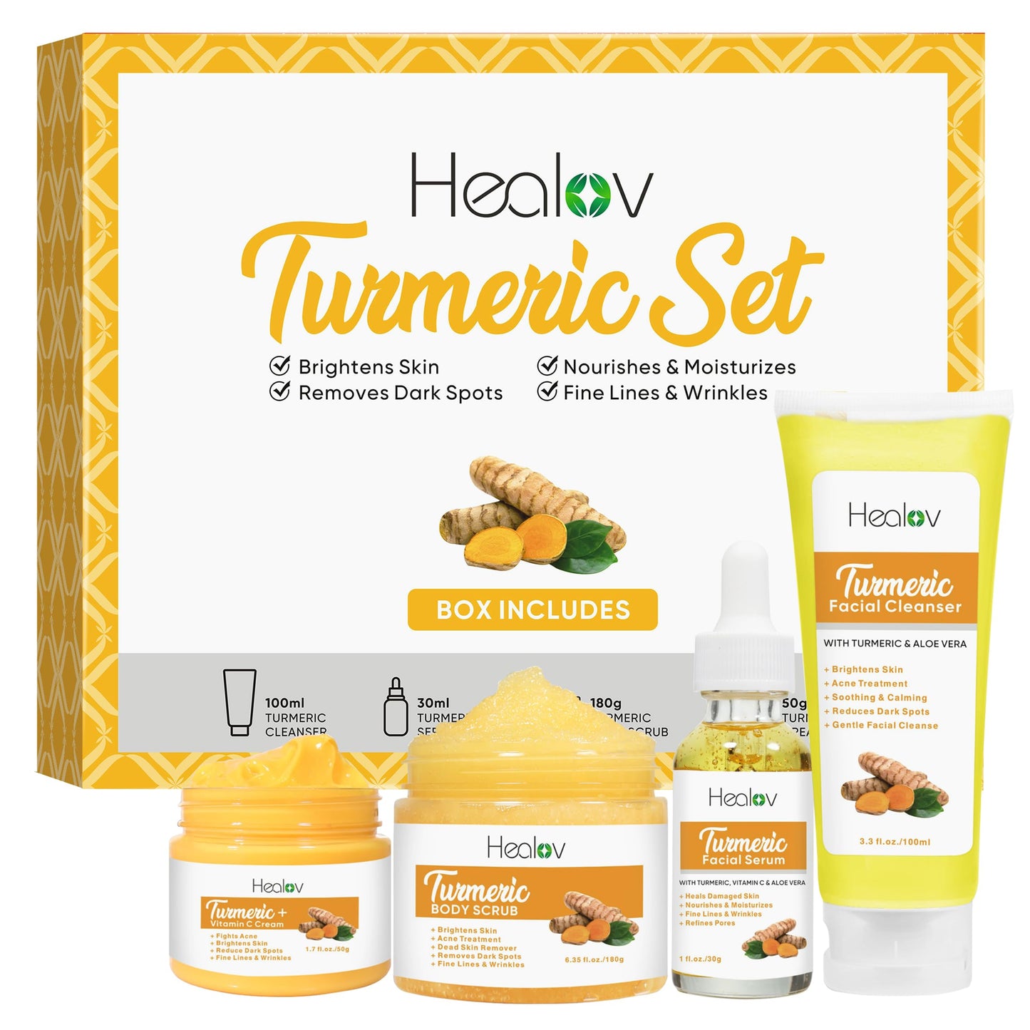 Turmeric Skincare Set – Brightening Facial Care Kit with Cleanser, Body Scrub, Cream & Serum