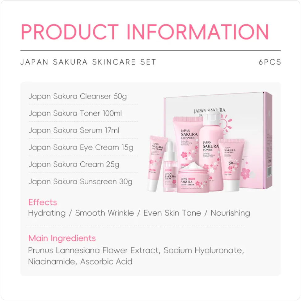 Cherry Blossom Skin Care 6-Piece Set – Hydrating & Brightening Facial Care Beauty Kit