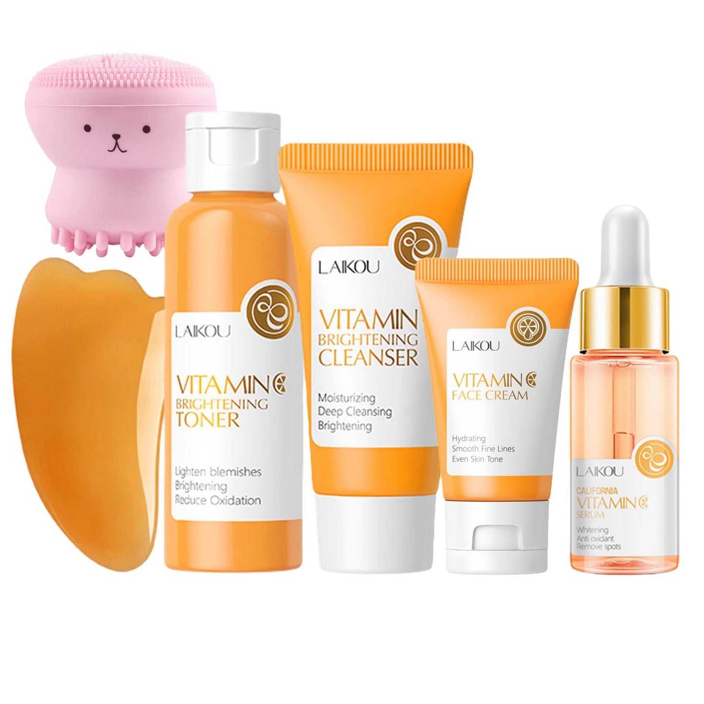 Vitamin C Skincare Set – 6PCS Korean Facial Care Beauty Gift Kit with Toner, Serum, Cream, Cleanser, Brush & Gua Sha
