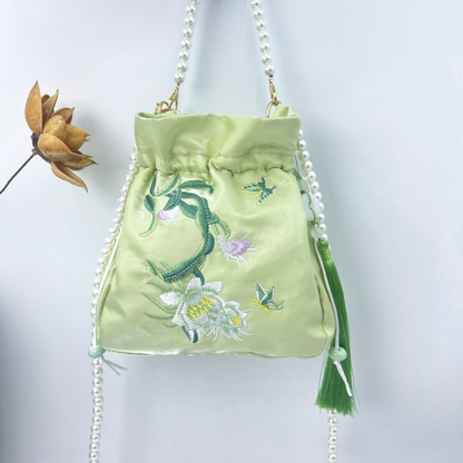 Embroidered Pearl Chain Handbag