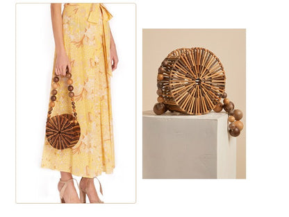 Summer Bamboo Woven Beach Handbag – Boho Round Straw Purse