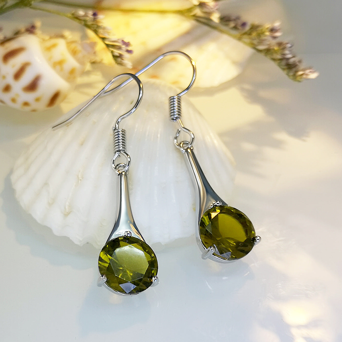 Olive Green Crystal Teardrop Earrings