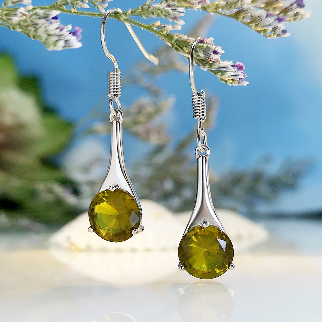 Olive Green Crystal Teardrop Earrings
