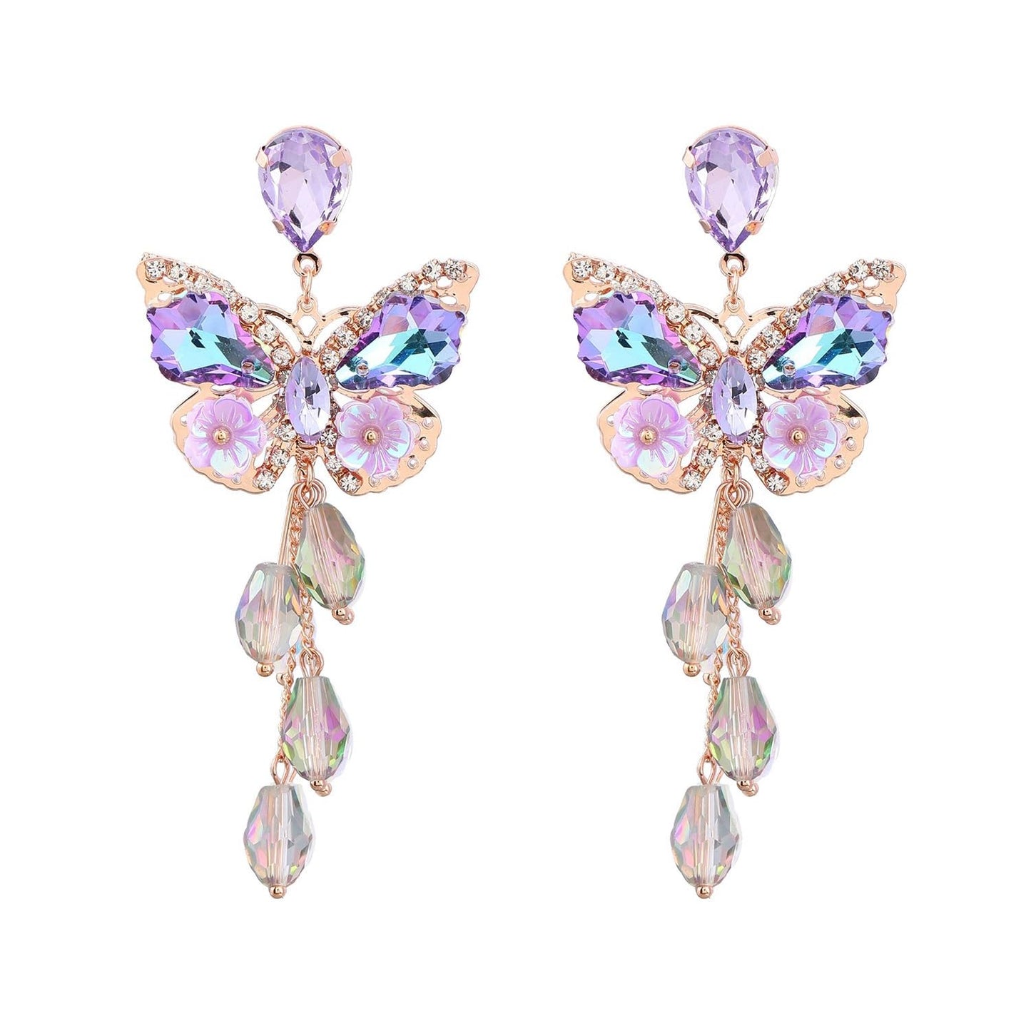 Purple Crystal Butterfly Drop Earrings