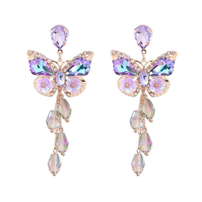 Purple Crystal Butterfly Drop Earrings