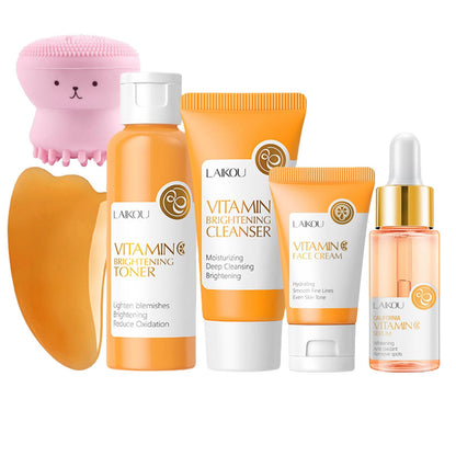 Vitamin C Skincare Set – 6PCS Korean Facial Care Beauty Gift Kit with Toner, Serum, Cream, Cleanser, Brush & Gua Sha