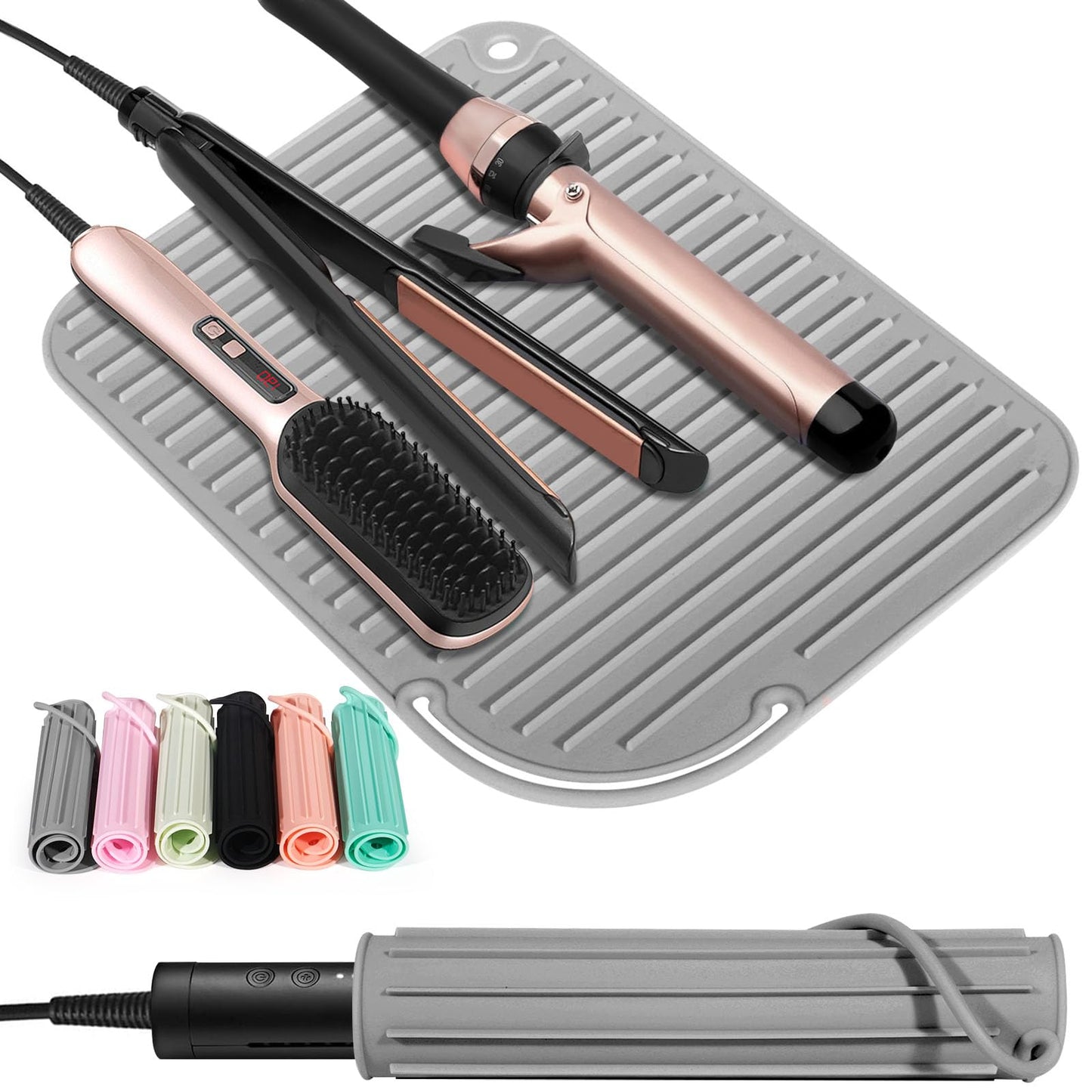 2-Pack Heat Resistant Silicone Mat for Hair Styling Tools – Portable Holder for Curling Iron & Flat Iron